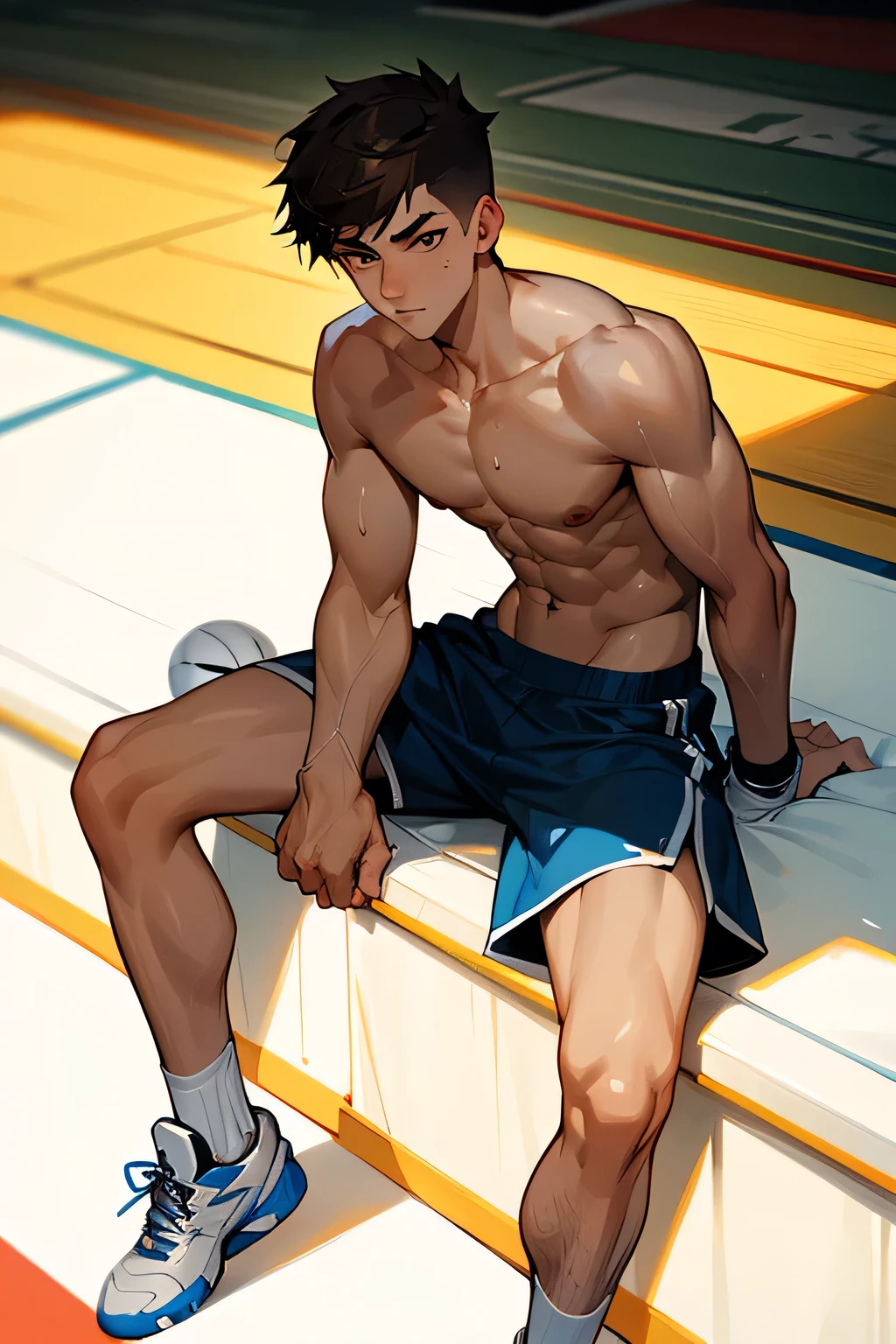 a shirtless 19-year old handsome caucasian male in faded haircut, white basketball shorts, rubber shoes, cute, handsome face, six-pack abs, beautiful body, well-defined body, sweating profusely, dripping sweat, shirtless, sitting on the bench in the basketball court