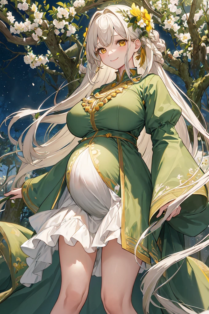 masterpiece, best quality, high resolution, Long hair, Branches, Braided Bangs, Flowering, Yellow eyes, jewelry, skirt, cleveage, Wide sleeves, Green Flower, Knee high socks, White stockings, Cowboy shooting, permanent, forest, Keep your arms at your sides, direct, Smile,(Pregnant，Huge breasts：1.8)