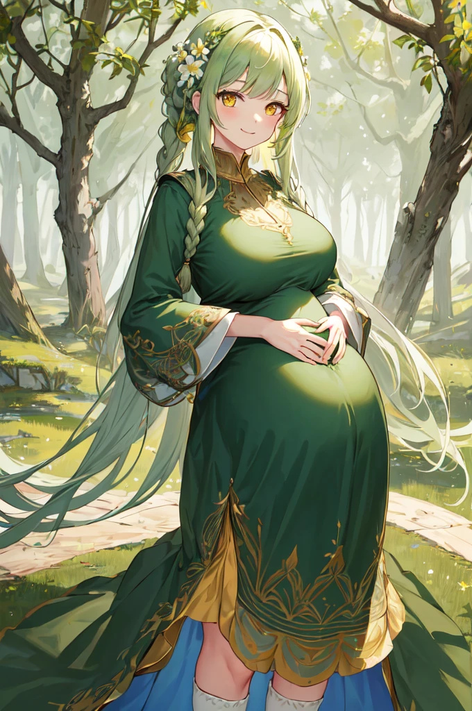 masterpiece, best quality, high resolution, Long hair, Branches, Braided Bangs, Flowering, Yellow eyes, jewelry, skirt, cleveage, Wide sleeves, Green Flower, Knee high socks, White stockings, Cowboy shooting, permanent, forest, Keep your arms at your sides, direct, Smile,(Pregnant,Huge breasts:1.8)