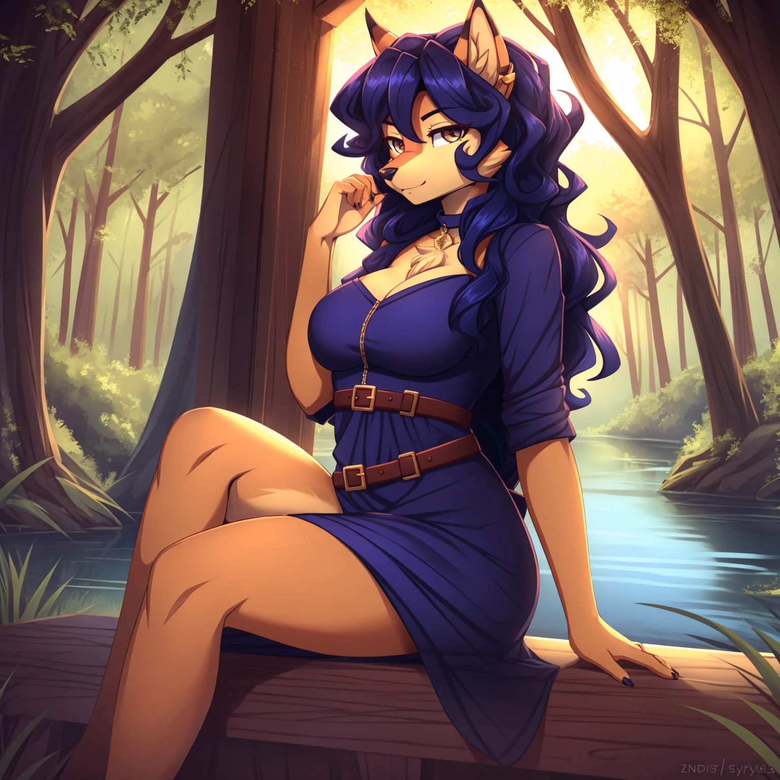 By zinfyuu on pixiv,by twistedscarlet60, uploaded on pixiv, by fluff-kevlar, (masterpiece), (best quality), (anthro furry:1.3, snout:1.2, anthro:1.3, furry:1.2, solo female:1.2), (extremely detailed:1.3), (blue_detailed_eye), wearing white dress, sfw, forest, sitting, lake, nature beauty, view on viewer, carmelita