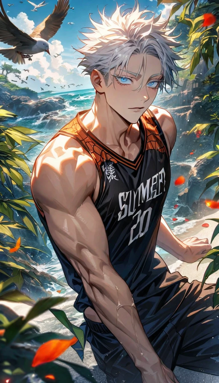 Ultra detailed, Highres, HDR, absurdres, Gojo Satoru, white hair with bangs, expressive blue eyes, patterns, white eyelashes, Jujutsu Kaisen, black tight shirt, sexy man, handsome, solo, extremely detailed face and eyes, petals, green leaves, summer, birds, toned chest, master piece, basketball uniform,