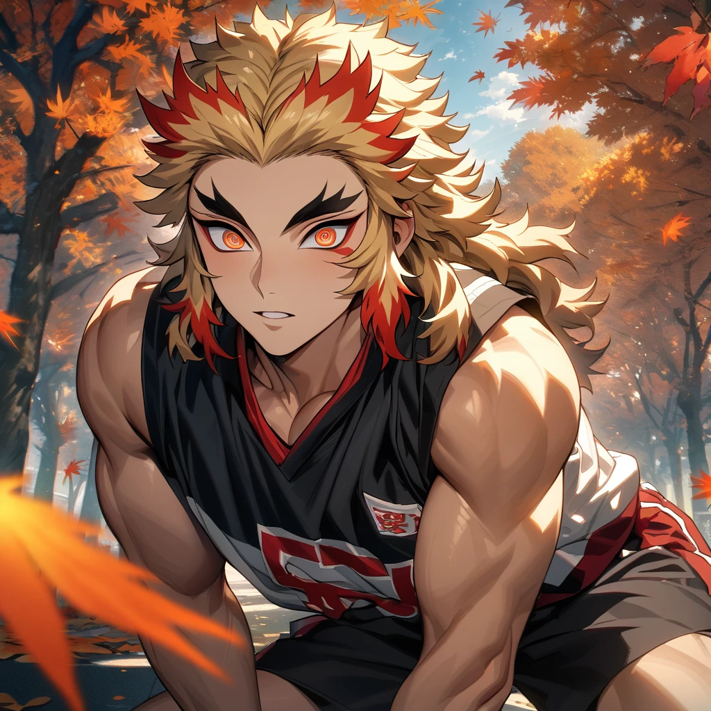 absurdres, highres, ultra detailed, HDR, masterpiece, extremely detailed face and eyes, Rengoku Kyojuro, blond hair, expressive orange eyes, Kimetsu No Yaiba, sexy man, handsome, basketball uniform, autumn, orange leaves, trees