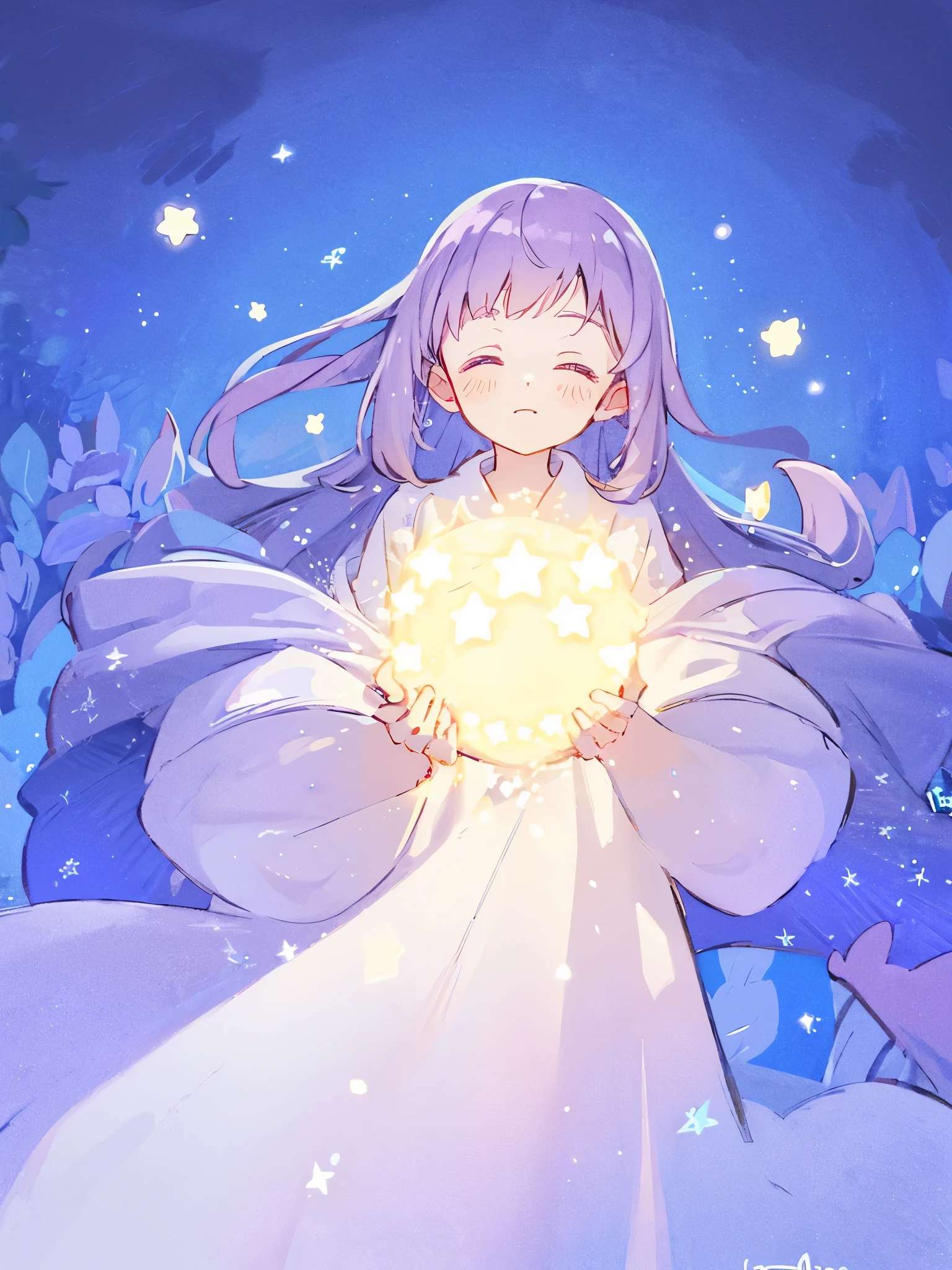 wishing star background, woman surrounded by flowing translucent fabric that reflects the stars, woman holding a glowing star in her hands, magical, complex drawing, highly detailed, ethereal, starry night, midjourney style