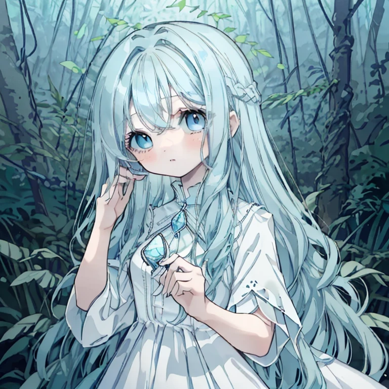 Light blue hair,Long Hair,Curly Hair,Big Eyes,White Dress,gem,Deep in the forest,Night Forest,cute,gorgeouature,Fantasy
