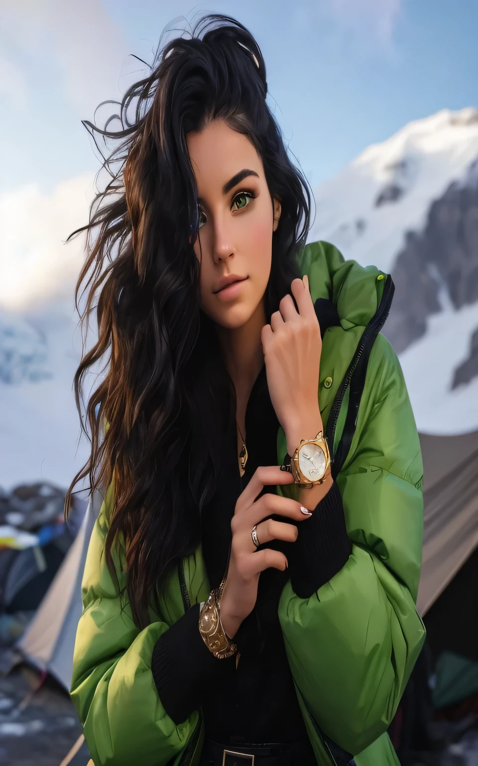 At a side angle, Emma is 23 years old, Latina, long black wavy hair, green eyes, she is dressed in a brillant green jacket, a black blouse, black pants, a gold watch. She is sheltered in a camp watching the sunrise. a snowy mountains with a strong wind.