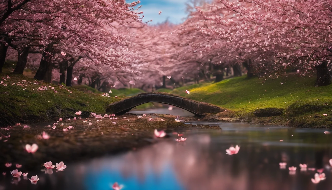 Cherry blossom background,Saturated colors,Hyper Real,8K High Resolution,Overwhelmingly beautiful,highlight,Variety of colors、Petals scattered on the ground and in the river