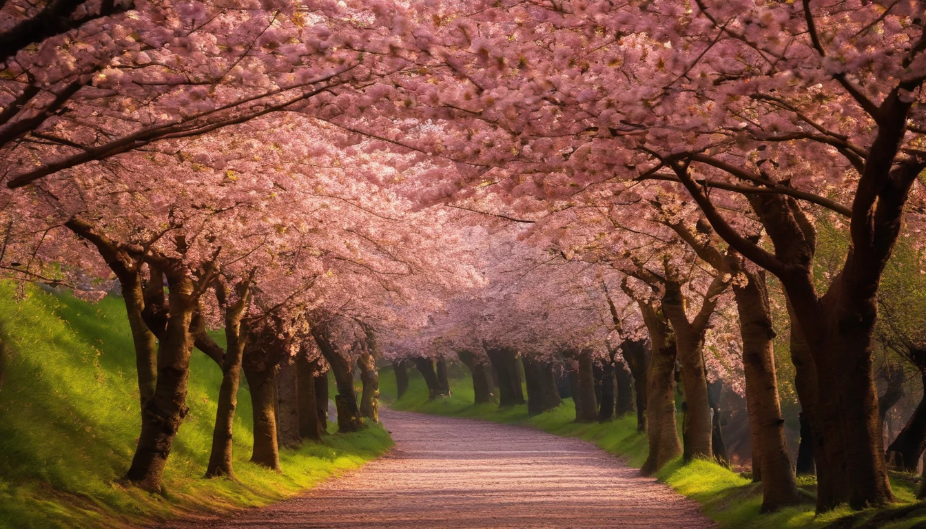 Cherry blossom background,Saturated colors,Hyper Real,8K High Resolution,Overwhelmingly beautiful,highlight,Variety of colors、Petals scattered on the ground and in the river