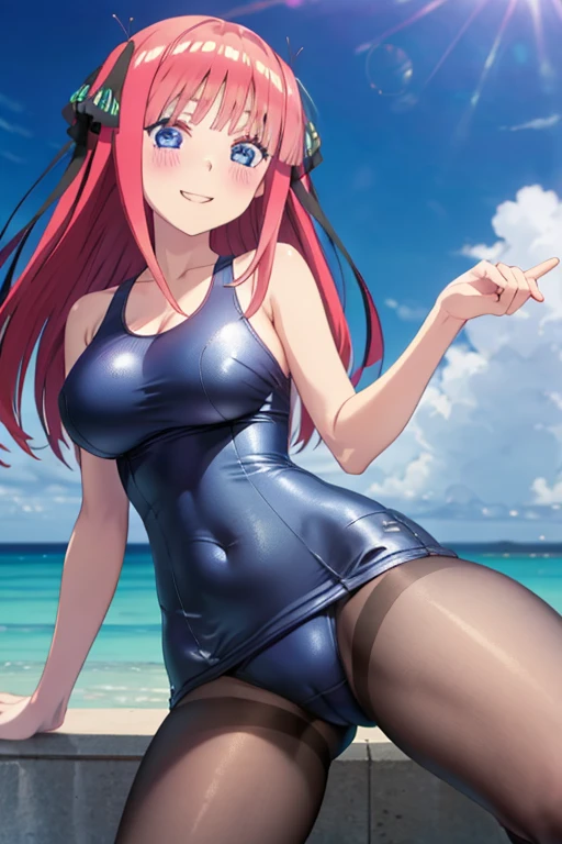 best quality, ultra-detailed masterpiece, anime art style, cute character, nino nakano, large breasts, blush, smile, one-piece swimsuit, pantyhose, open legs