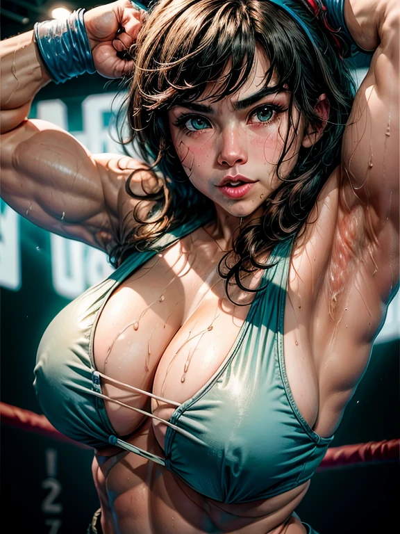 1girl,big chest,sweat,muscle,boxing on the ring,punch the viewer,punch,blurr cinematic