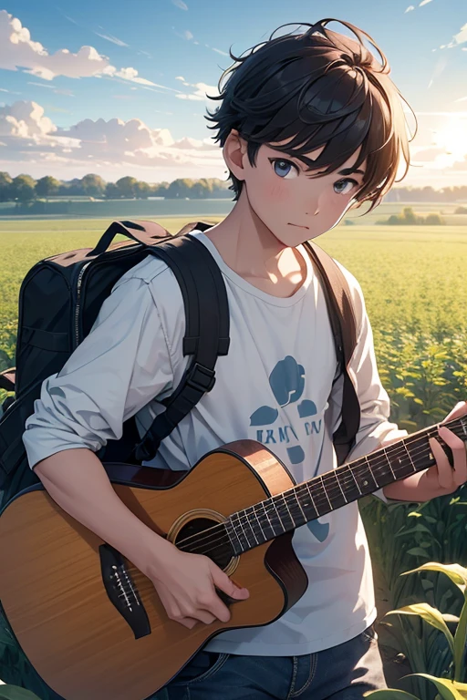 A boy going through a trail in a field of crops with a guitar on his back. The sky is clear with white fluffy clouds and there is diffused light, 4k, very detailed, ultra quality