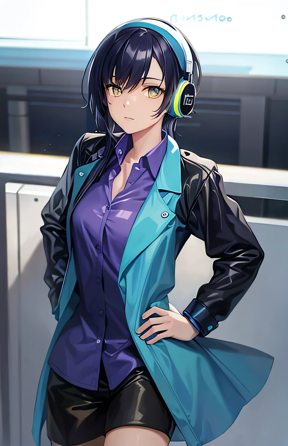 (best quality, higher), blue and yellow eyes anime girl with headphones and a deep blue jacket. wearing a light purple shirt, black hair, cyberpunk fashion, vibrant colors, female model, white background, artistic portrait, realistic detail, masterpiece.