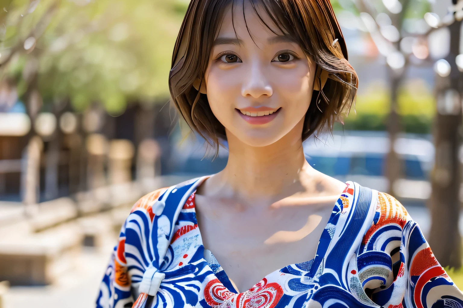 highest quality, Photorealistic, Very detailed, finely, High resolution, 8K Wallpaper, Professional, High level of detail, ((One 18 year old girl:1.2)), Slender Japanese women,Pretty lips, (Beautiful long lashes:1.2)、Detailed clavicle, Perfect Face, (Cute short bob hair:1.5),Top Quality，Ultra-clear resolution，Clear Eyes，Sunburned skin，Perfect large breasts，have perfect legs，Focus on the legs，(Hot Spring Town:1.5)、(A serious look and a gentle smile:1.5)、(Cute yukata outfit:1.5)