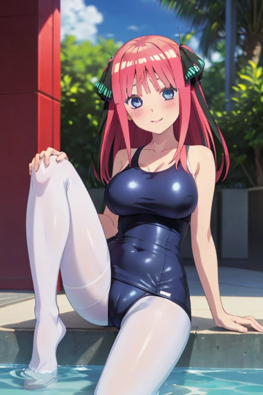 best quality, ultra-detailed masterpiece, anime art style, cute character, nino nakano, large breasts, blush, smile, one-piece swimsuit, pantyhose, open legs