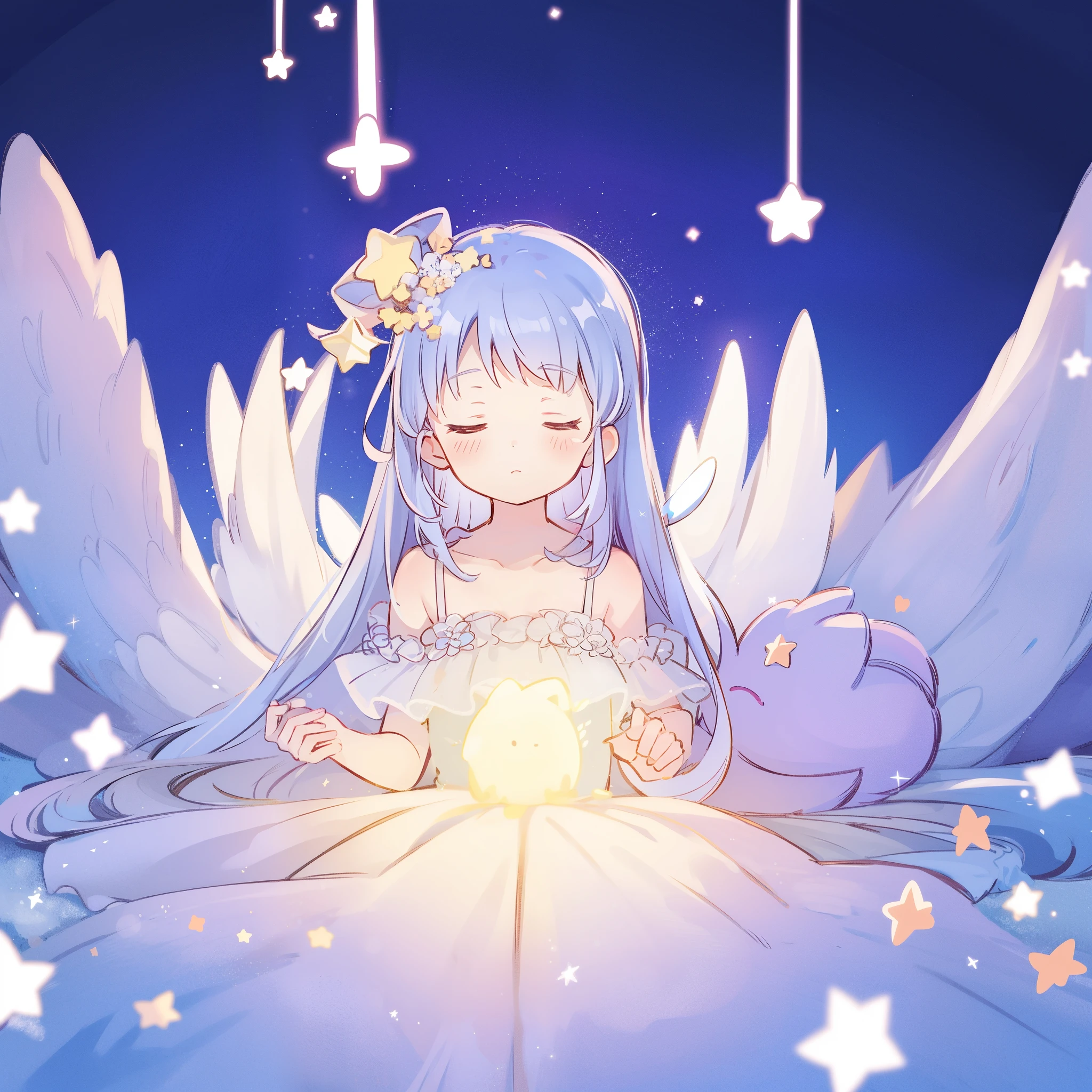 wishing star background, angel girl wearing an ethereal translucent dress that reflects the stars, magical, whimsical, fantasia, dreamy, serene composition, masterpiece, best quality, perfection, complex drawing, highly detailed, ethereal, starry night, midjourney style