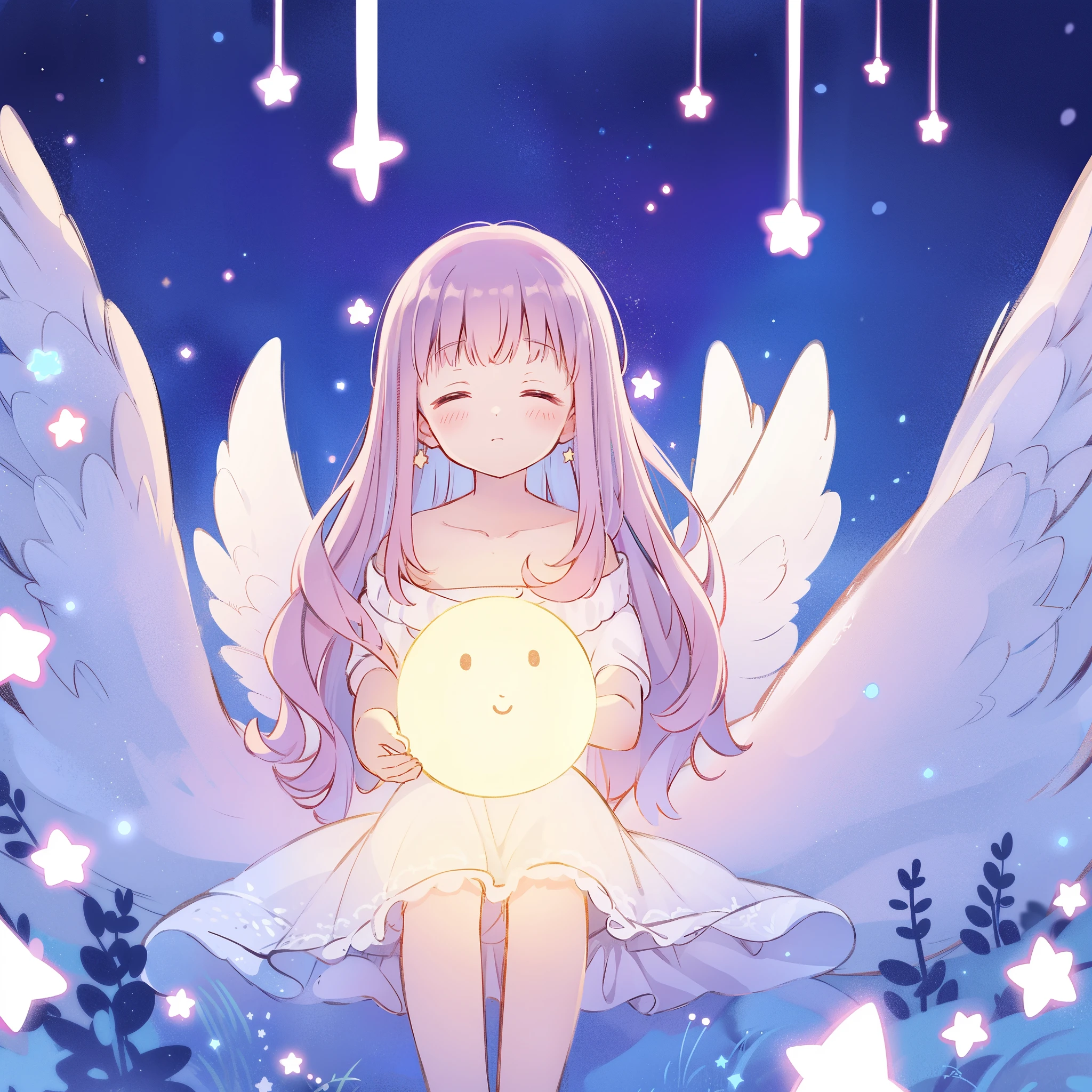 wishing star background, angel girl wearing an ethereal translucent dress that reflects the stars, magical, whimsical, fantasia, dreamy, serene composition, masterpiece, best quality, perfection, complex drawing, highly detailed, ethereal, starry night, midjourney style