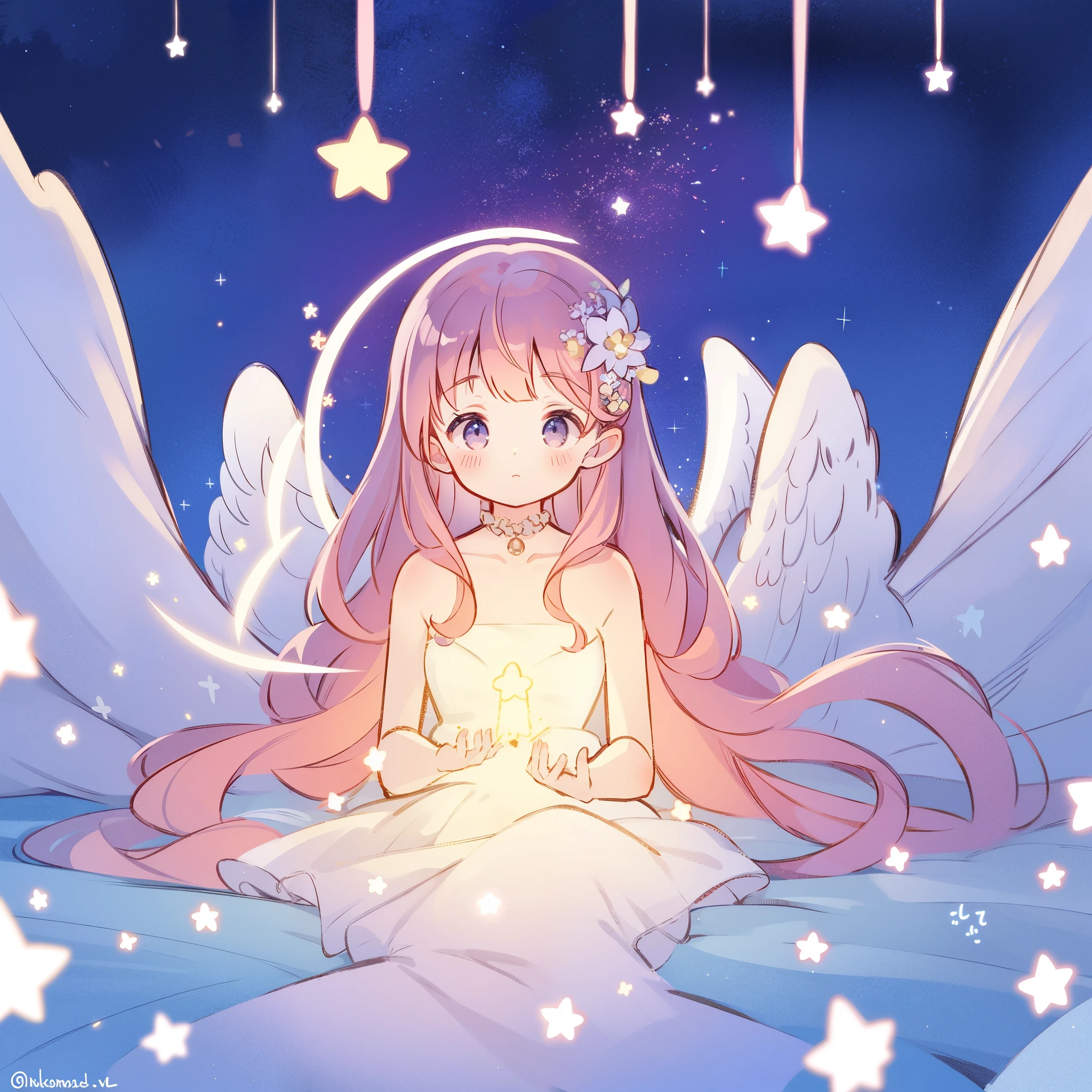 wishing star background, angel girl wearing an ethereal translucent dress that reflects the stars, magical, whimsical, fantasia, dreamy, serene composition, masterpiece, best quality, perfection, complex drawing, highly detailed, ethereal, starry night, midjourney style