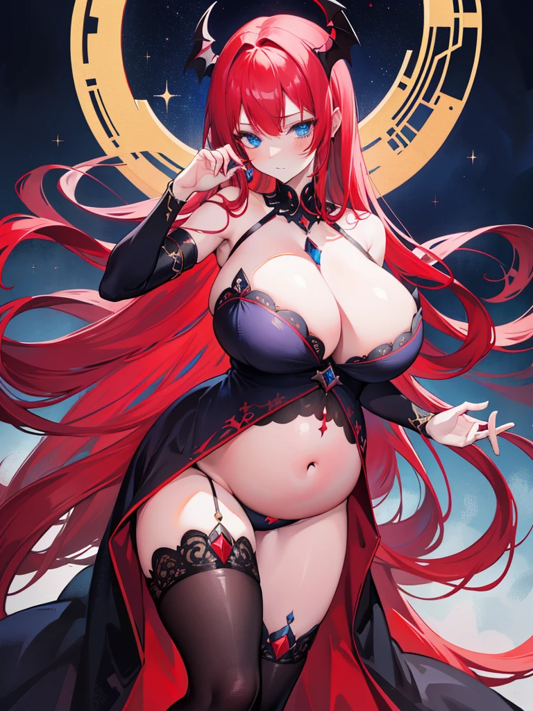 Red hair,blue eyes,Double tail, Long hair, Solitary, , black,{{best quality}}, {{masterpiece}}, {{Super detailed}}, {illustration}, {Detailed lighting}, {extremely delicate and beautiful},,Lovely,Succubus, demon,trumpet，(Pregnant，Huge breasts：1.8)