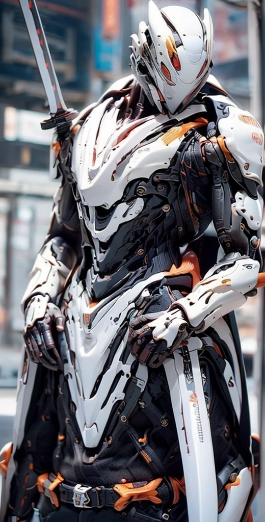 top quality, masterpiece, Ultra-high resolution, (Reality: 1.4), original photo, 1 cyberpunk girl, big katana, purple Hair, Smooth skin, 1.mechanical girl, Depth of field focus f/2.8, (Ultra-realistic details)), contrast, shadow, Octane Rendering, 8k, Extremely sharp, Cleavage exposed, Rawhide, Metal, Exquisite decorative details, Japan Details, Very intricate details, realistic light, CGSoation trends, face camera, Neon details, Mechanical limbs, blood vessels connected to tubes, A mechanical vertebrae attached to the back, Mechanical neck fixation device, Wires and cables to the head, Gundam, Small LED lights.