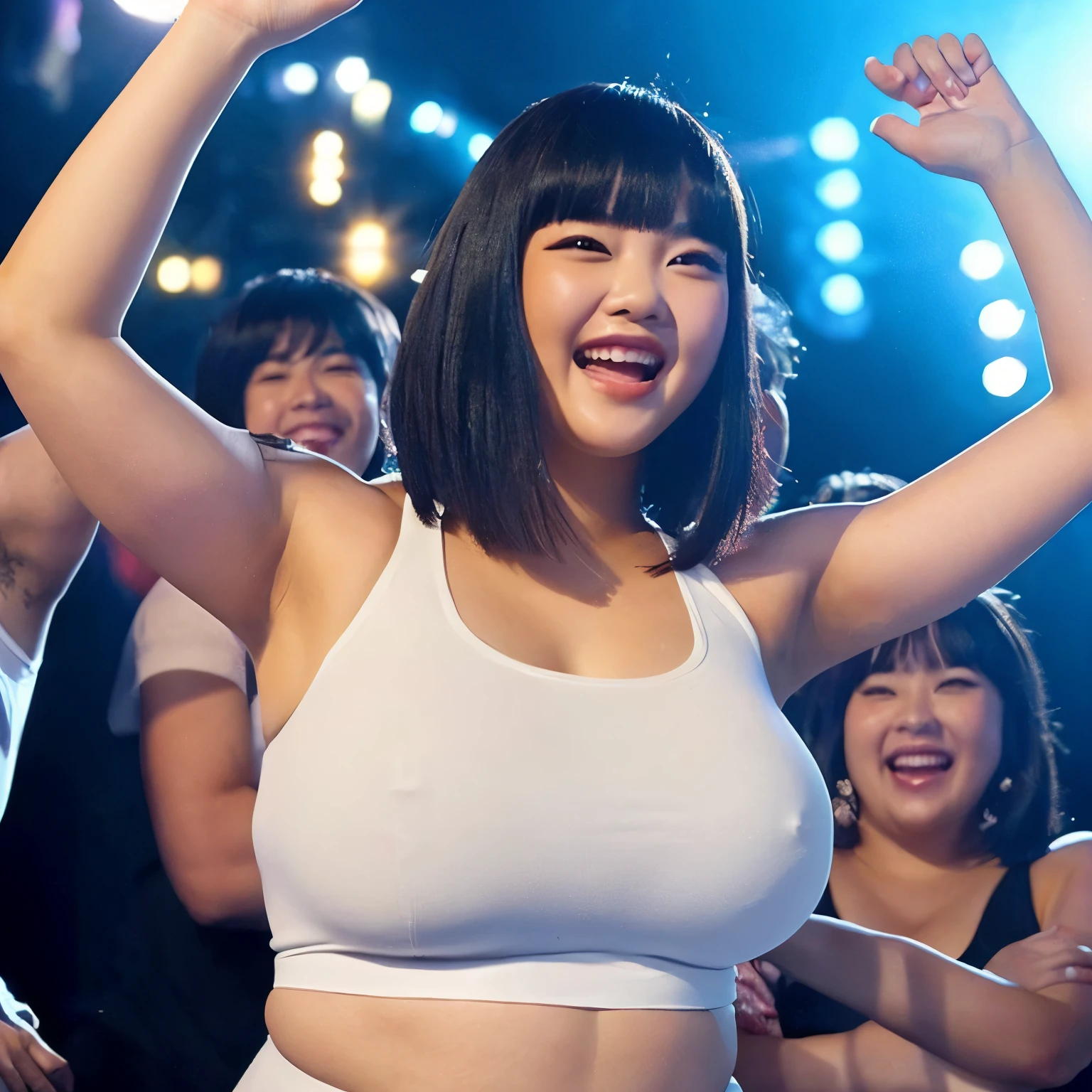 Sweaty、White tank top、No bra、odor、Black Hair、bangs、Bob、Chubby、Big Breasts、hot pants、whole body、smile、Raise the hand、Raise your arms and jump、club、30th generation、Open your mouth、BLACKPINK Jennie lookalike、Chubby、Chubby、whole body、whole body、Surrounded by men in their underwear、clubの中