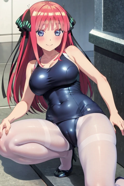 best quality, ultra-detailed masterpiece, anime art style, cute character, nino nakano, large breasts, blush, smile, one-piece swimsuit, pantyhose, open legs