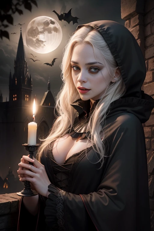 detailed eyes, vampire teeth, ancient castle, dark atmosphere, moonlight, Gothic architecture, misty forest, mysterious cloak, candles, eerie shadows, -red sky, medieval weapons, eerie silence, sinister laughter, bats flying, full moon, cobwebs, old manuscripts, ancient spells, haunting melodies, night creatures, flickering torches, secret passages, silver jewelry, vampire fangs, menacing presence, thunderstorm, creeptraits, crumbling tombstones, dilapidated furniture, stone gargoyle, hidden coffins, forbidden love, eternal darkness, enchanting beauty, supernatural powers, totally naked, big ass, big tits, nude,scantily clad