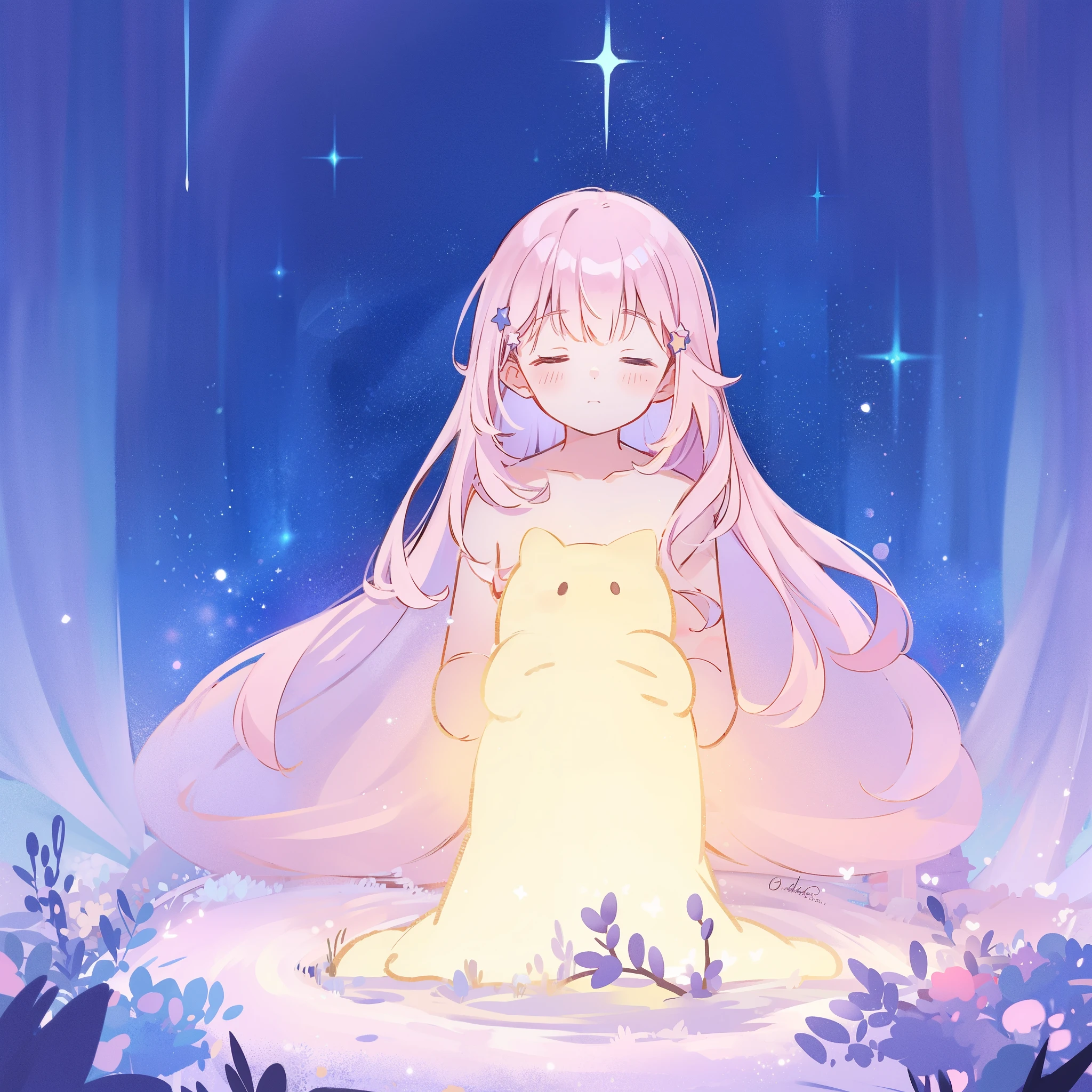 complex background, wishing star background, a woman wearing an ethereal mystical pink translucent dress that reflects the stars, dreamy, peaceful, serene composition, glowing stars, glowing, complex drawing, highly detailed, ethereal, starry night, midjourney style