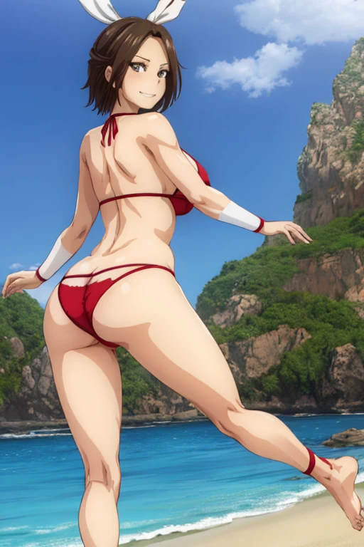 masterpiece, best quality, beautiful art, high resolution, well formed hands, body and fingers, 1 woman, solo, Hikari Hazakura adult, big breasted, cleavage, hair ribbon, wearing a Tyris Flare outfit, full body, sexy and skimpy bikini, gorgeous legs and thighs , dancing seductively and erotically, turning backwards and forwards, showing her back and front, showing her butt, t -back, bikini thong, smiling joyfully, looking at the viewer, flirting, beach environment