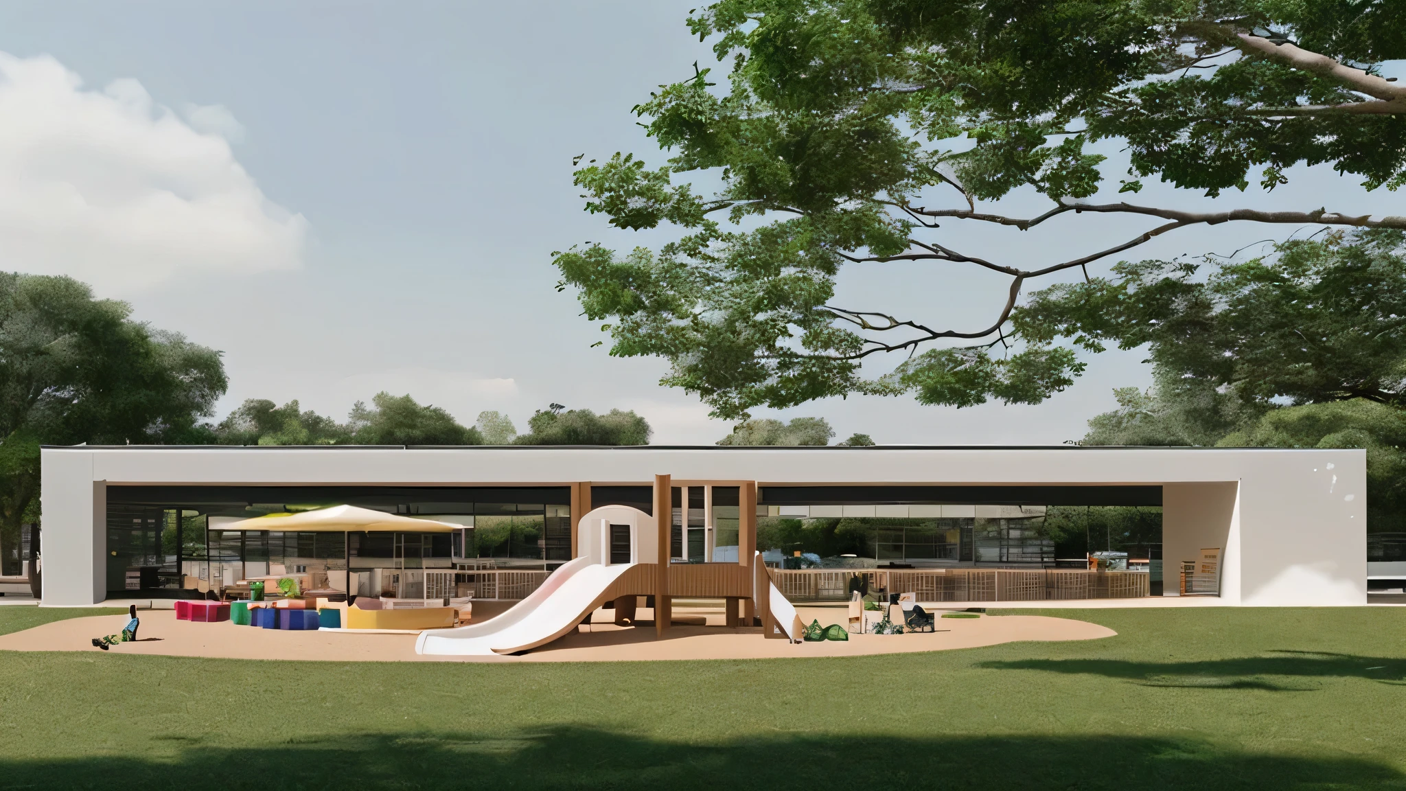 Infographic Prompt: Modern café & Play Area
Render: A detailed architectural infographic (Corona 3D).
Subject: A single-story, minimalist cafe with a spacious outdoor play area for children.
Cafe Design:
White walls, wood accents, large glass windows.
Subtle steel elements (optional).
Play Area:
Colorful toys, prominent white slide.
Ample open space for free play.
Shaded sandpit under a large tree.
Technical:
Crisp white background.
Natural morning light with soft shadows.
Cinematic composition.
Extras (Optional):
Potted plants on the cafe patio.
Diverse children playing.
Outdoor seating area for parents.