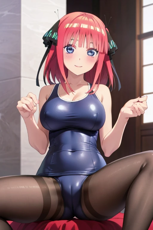 best quality, ultra-detailed masterpiece, anime art style, cute character, nino nakano, large breasts, blush, smile, one-piece swimsuit, pantyhose, open legs