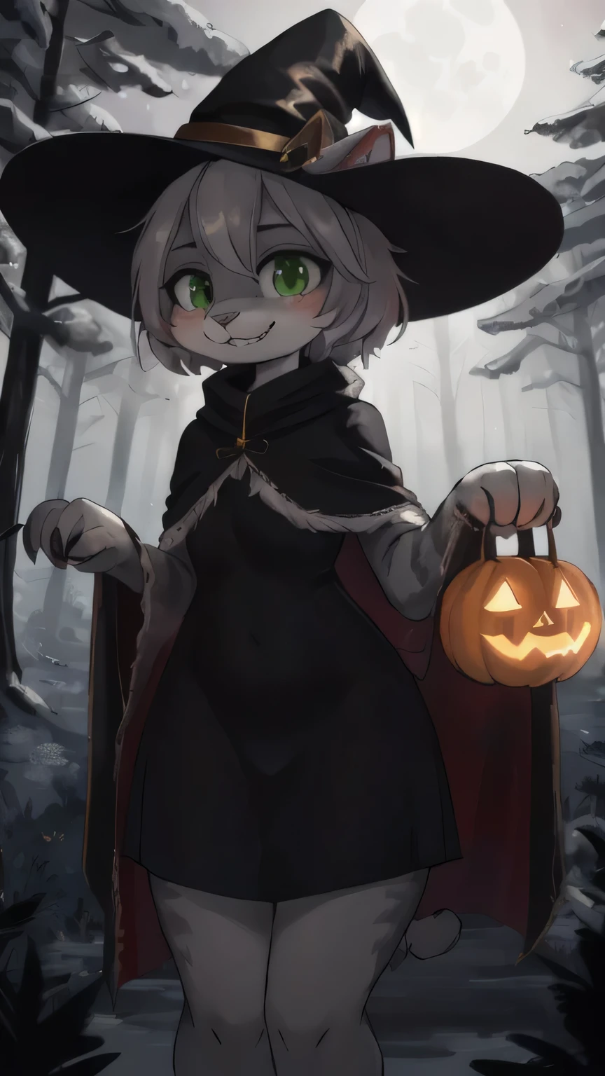 detailed background, dark and eerie forest, fog rolling through the trees, snow-covered ground, full moon shining brightly in the sky, a clearing with scattered leaves and pumpkins, a((slim and graceful)(grey cat:1.2))female standing tall in her witch costume, (black dress adorned with silver stars), (pointy hat with a wide brim), (long flowing cloak trailing behind her), (sharp claws on her fingertips), (piercing green eyes sparkling with mischief), ((delicate pink nose:1.1)peeking out from under her witch hat), (playful smile revealing sharp fangs), detailed fur markings resembling mystical patterns on her body, (confident stance), (half-body view)