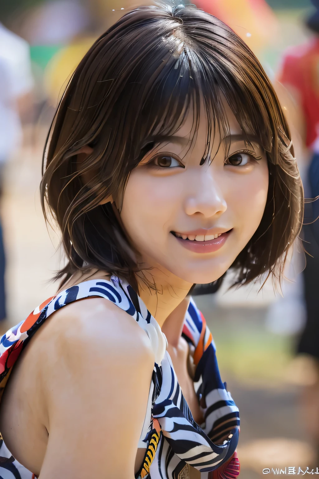highest quality, Photorealistic, Very detailed, finely, High resolution, 8K Wallpaper, Professional, High level of detail, ((One 18 year old girl:1.2)), Slender Japanese women,Pretty lips, (Beautiful long lashes:1.2)、Detailed clavicle, Perfect Face, (Cute short bob hair:1.5),Top Quality,Ultra-clear resolution,Clear Eyes,Sunburned skin,Perfect large breasts,have perfect legs,Focus on the legs,(Festival Festivals:1.5)、(A serious look and a gentle smile:1.5)、(Yukata:1.5)