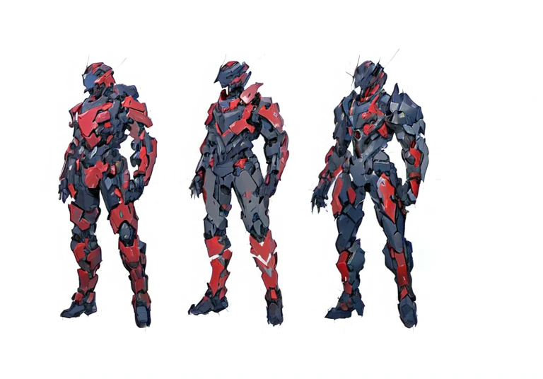 un primer plano de tres vistas diferentes de un traje de robot, armadura conceptual, arte conceptual experto en alto detalle, arte conceptual oficial, high-tech armadura roja, video game character designs, arte conceptual coloreado, estilo de arte conceptual, armadura roja, detailed arte conceptual de cuerpo completo, Arte conceptual del personaje del juego., conceptual artistic style, high definition concept art, arte conceptual de alta calidad, arte conceptual de cuerpo completo
