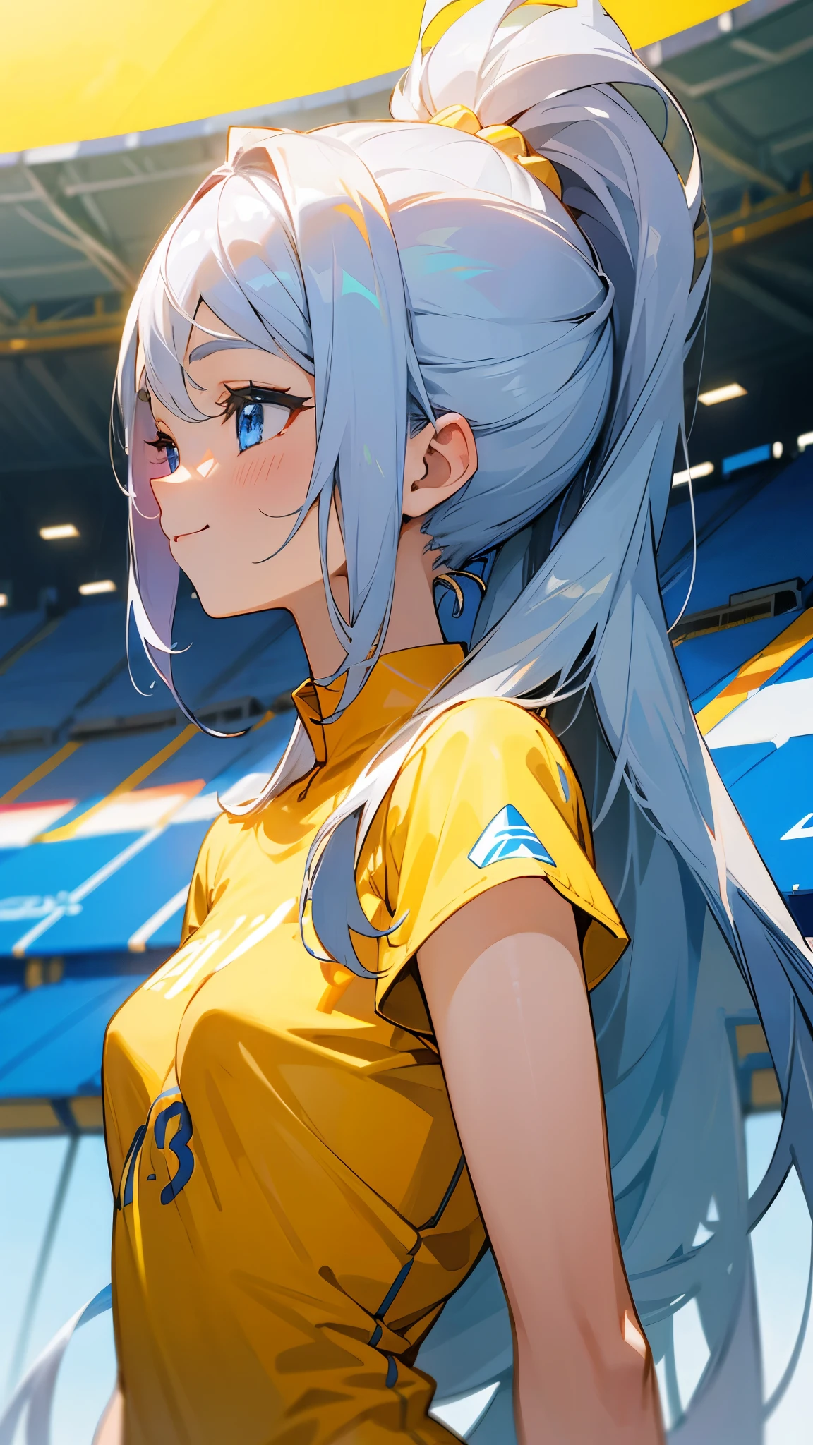 1 girl、anime painting、Silver Hair、Long Hair、Beautiful blue eyes、Vibrant colors、Yellow Shirt、smile、Perfect female body、From the side、Upper body close-up、Stadium stand background