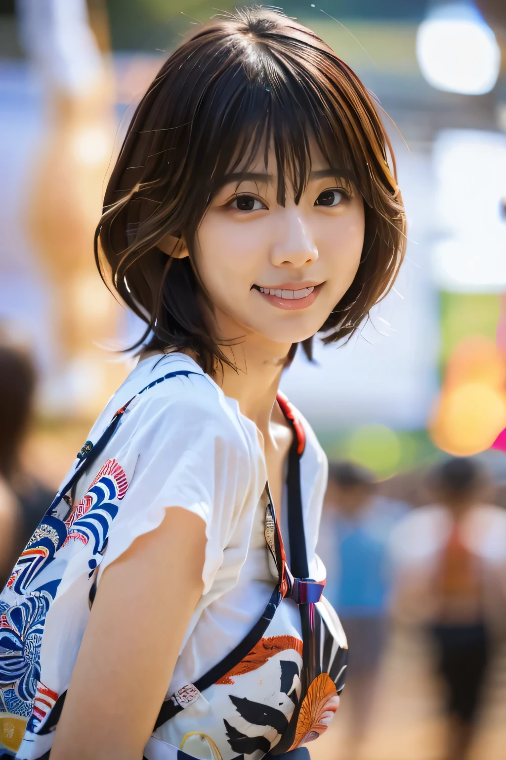highest quality, Photorealistic, Very detailed, finely, High resolution, 8K Wallpaper, Professional, High level of detail, ((One 18 year old girl:1.2)), Slender Japanese women,Pretty lips, (Beautiful long lashes:1.2)、Detailed clavicle, Perfect Face, (Cute short bob hair:1.5),Top Quality，Ultra-clear resolution，Clear Eyes，Sunburned skin，Perfect large breasts，have perfect legs，Focus on the legs，(Festival Festivals:1.5)、(A serious look and a gentle smile:1.5)、(Yukata:1.5)