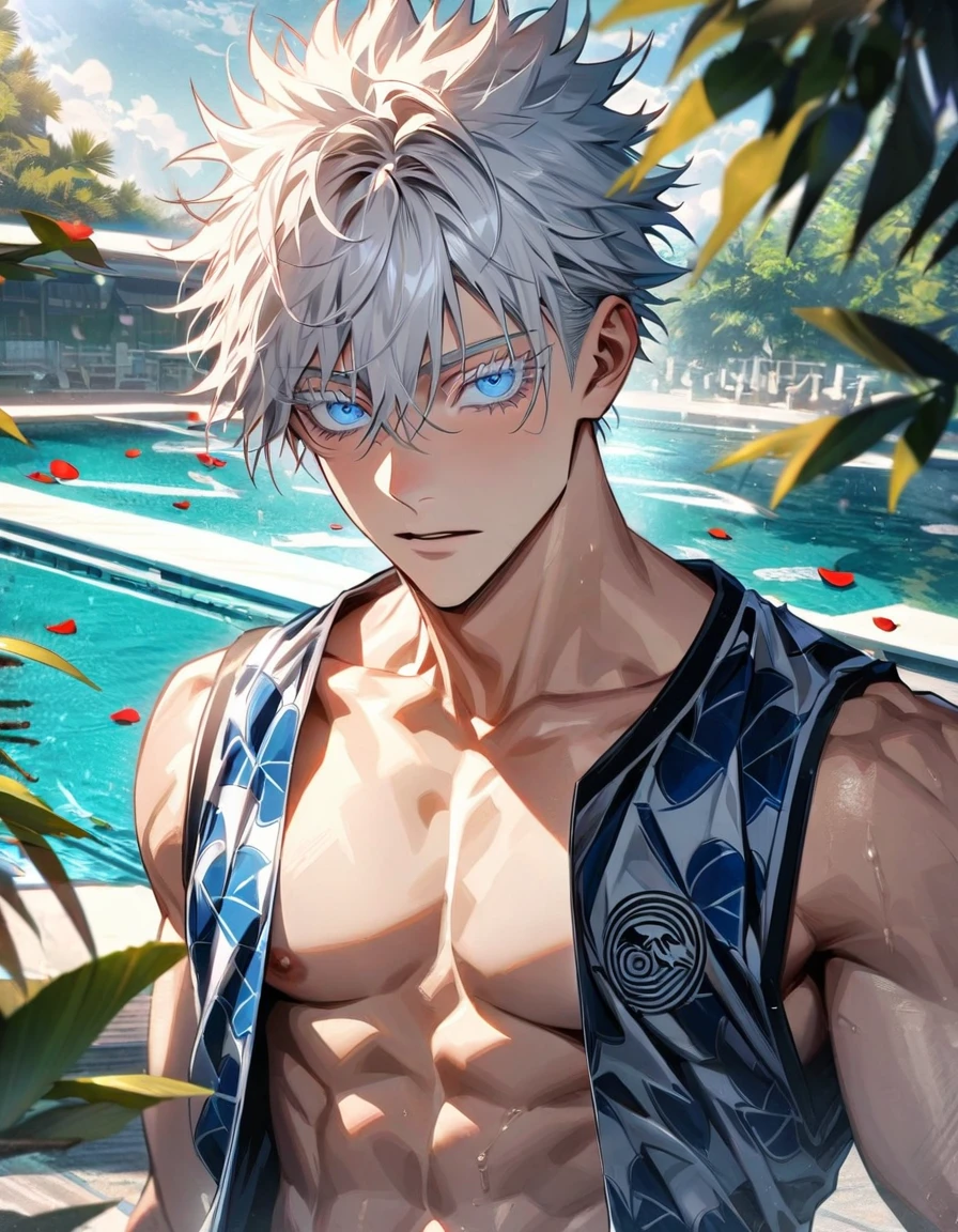 Ultra detailed, Highres, HDR, absurdres, Gojo Satoru, white hair with bangs, expressive blue eyes, patterns, white eyelashes, Jujutsu Kaisen, white tight shirt, sexy man, handsome, solo, extremely detailed face and eyes, petals, green leaves, summer, toned chest, master piece, basketball uniform, hair between the eyes,