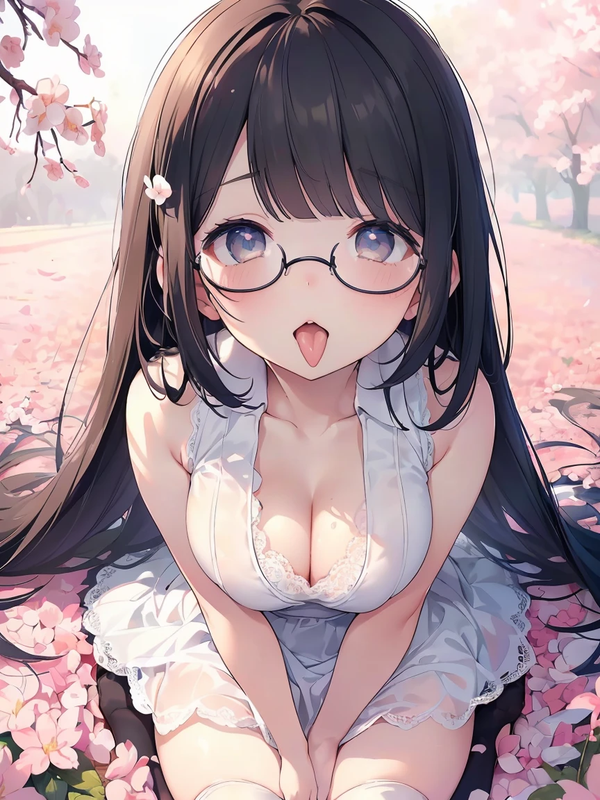 Very detailed, highest quality, High resolution, Moe Anime, ((Cute girl with black hair and droopy eyes)), ((Wearing large round glasses:1.4)), (Baby Face), Cute eyes, Detailed eye depiction, Sparkle in the eyes, View your viewers, Pale skin, (Big eyes:1.4, Droopy eyes:1.4, Fatty face:1.4), smile, Focus on the face, In the park with cherry blossoms falling, Sitting, (Extreme close up of tongue), (((From above))), Open your mouth, (((Face only:1.3))), ((white lace sleeveless dress)), Bright Eyes, Light from the front, (Put your hands between your legs:1.4), large and long tongue, Cleavage