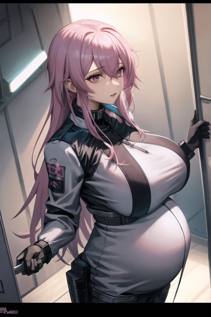 I want a female soldier with long pink hair, She holds a gun in her right hand.
Anime style. 4K, Cyberpunk style,beauty,(Pregnant,Huge breasts:1.8)