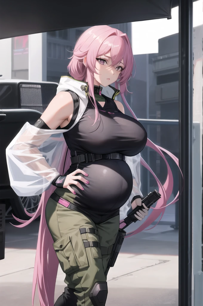 I want a female soldier with long pink hair, She holds a gun in her right hand.
Anime style. 4K, Cyberpunk style，beauty，(Pregnant，Huge breasts：1.8)