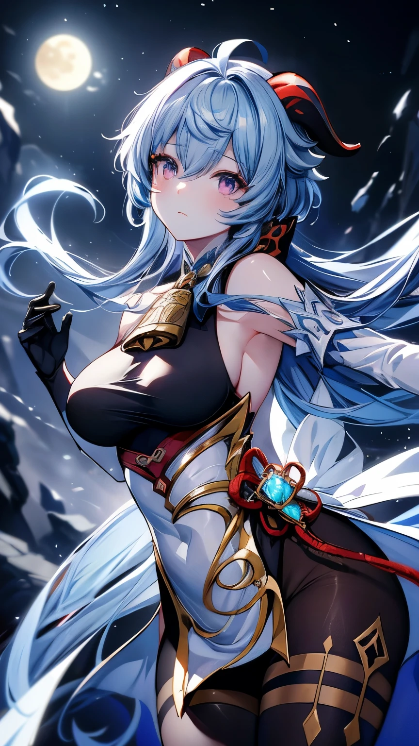 ((ganyu \(genshin impact\))))((masterpiece、8L、WAR Photo、highest quality、Realistic painting style、Cinematic Lighting、Backlight)) Medium Chest、Great cleavage,A little bit of side boob is visible、Neck length laser tights、One Girl, alone,Long legs、Thin legs、Perfect Style、Long Hair, Blue Hair, Purple eyes,horn、Neck bell, Black 80 denier pantyhose, Removable sleeves, Black gloves, Pelvic Curtain、Dynamic pose, Has a bow weapon,(moon: 1.2), (moonlight: 1.1), Starry Sky, (Particles of light: 1.1), Thick Fog、Crystal AI