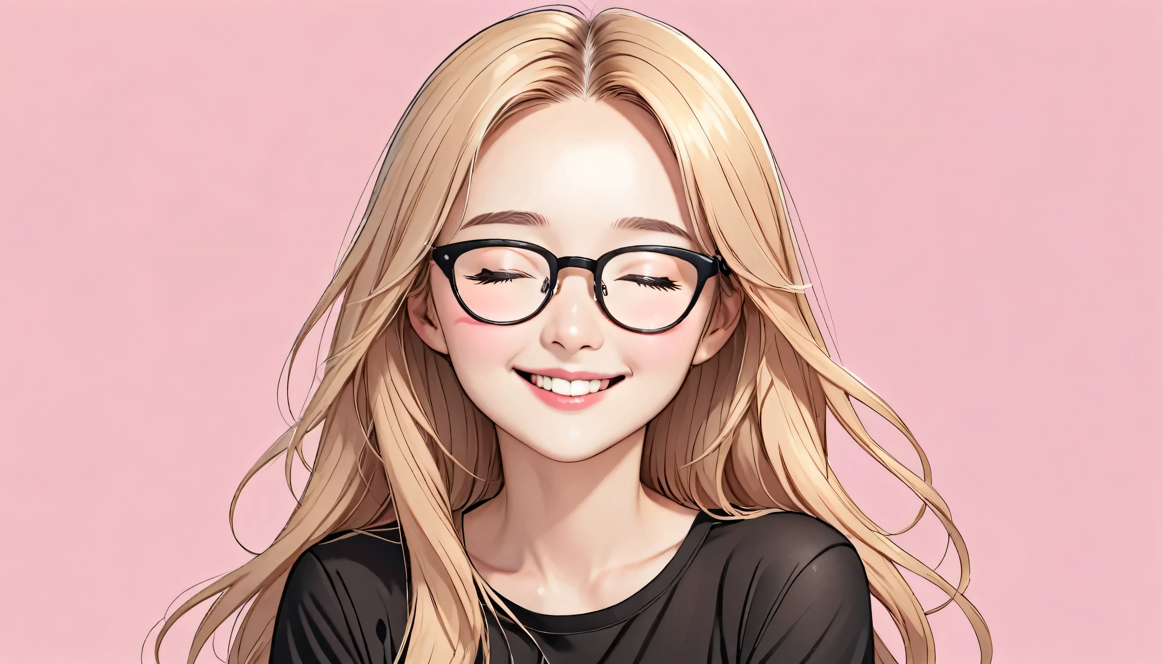 8K, HD, best quality, Illustration, 27's years old woman, solo, cartoon portrait, simple background, blonde long hair fluttering hair, pink lips, black shirt, black glasses, smile on her face, closed his eyes