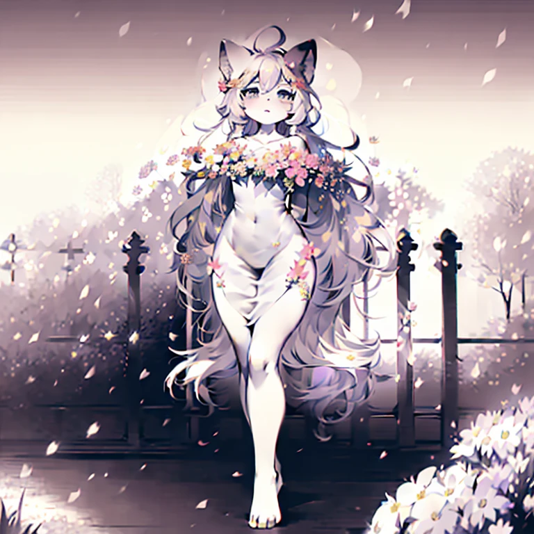 quality\(8k,wallpaper of extremely detailed CG unit, ​masterpiece,high resolution,top-quality,top-quality real texture skin,hyper realisitic,increase the resolution,RAW photos,best qualtiy,highly detailed,the wallpaper\),(many beautiful flowers and petal:1.8)\(colorful\),solo,1catgirl\(cat,furry,cat ear,chibi,cute,kawaii,small kid,hair color white,braid hair,messy hair,eye color gray,big eyes,white skin,(white dress:1.2),(monochrome:1.2),lean on the fence,(full body:1.6)\,anime),simple background,double exposure,[nsfw:2.0]