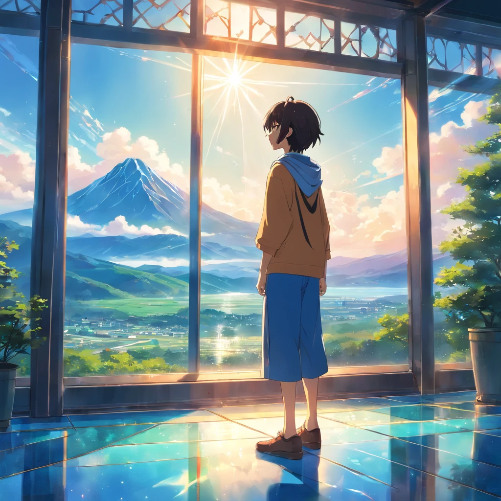 masterpiece、highest quality、Super fine、Lens flare、open、Spectacular views、nature、mountains、blue sky、Stained glass floor、One Boy、Stand at a distance