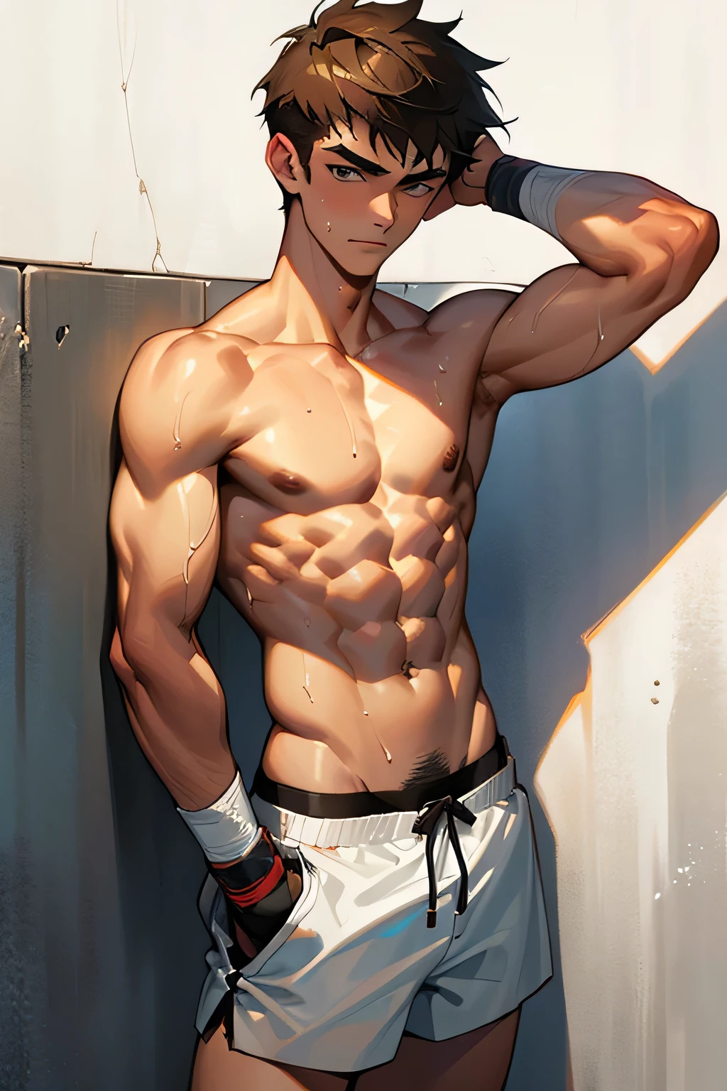a shirtless 19-year old handsome caucasian male in faded haircut, hand wraps, white mma shorts, cute, handsome face, six-pack abs, beautiful body, well-defined body, sweating profusely, shirtless, in front of a wall, hands behind head