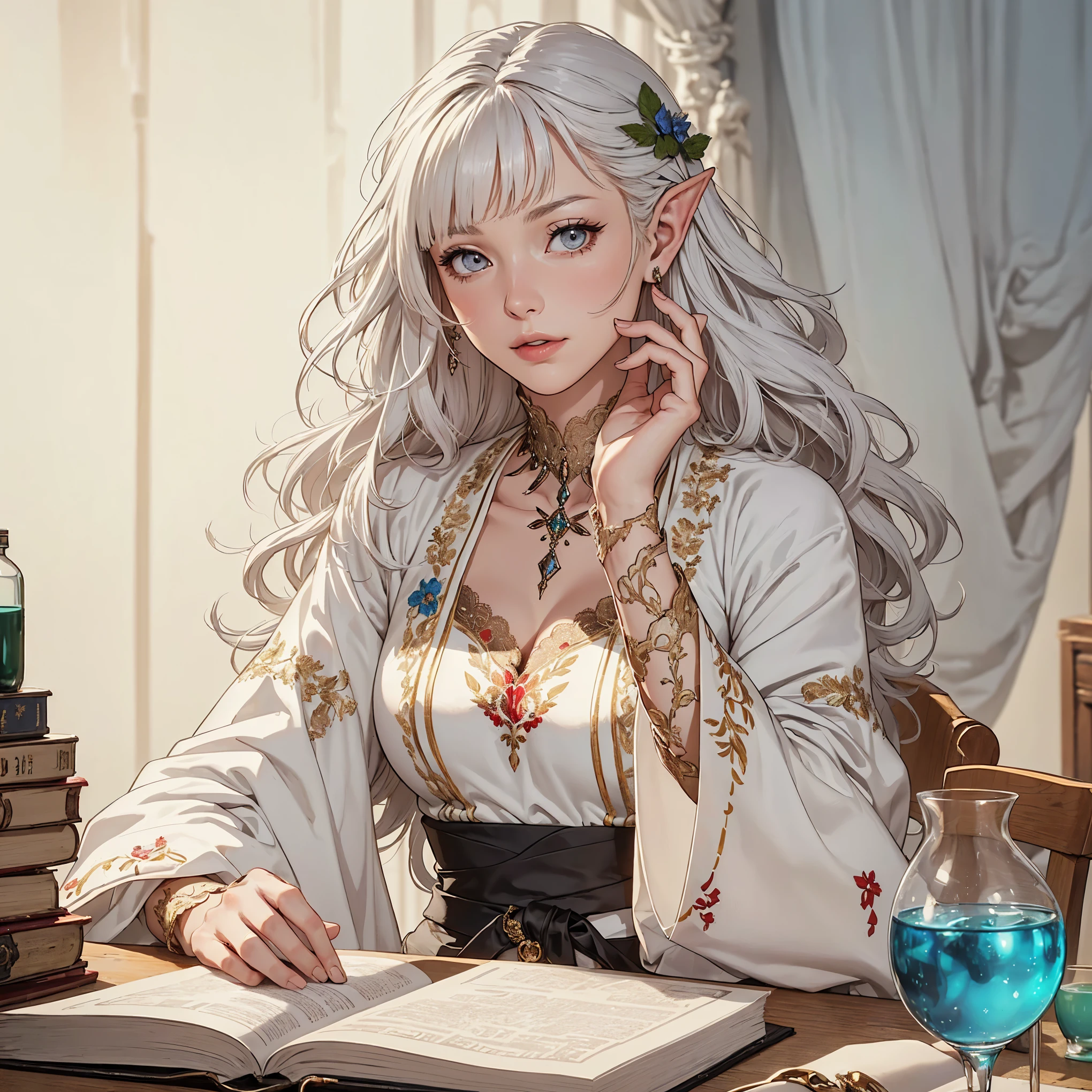 (best quality, ultra detailed), artwork, high resolution, Art Nouveau style, (exquisite body), (milky skin), correct proportions, The character is a 22 year old young woman, she has pale skin, perfect body with medium breasts, incomparable beauty, ((((has long white hair with bangs)))), Perfect face, white eyelashes, she has beautiful corrected and detailed eyes, she is elven, (((the character has long and pointed ears))), ((((she wears a long red queen dress, made of silk richly embroidered with detailed lace, puffed sleeves and modest)))), She wears a long white wool cape with a white fur collar, wearing long black satin gloves, she also wears a black choker adorned with gold and with a ruby in the center, the character is standing and facing the viewer, she has a seductive and confident expression, (((perfect hands))), correct fingers, realistic anime style, character image for role playing game, in a medieval castle office, winter landscape, misty atmosphere, 4k, character design, generate with SFW