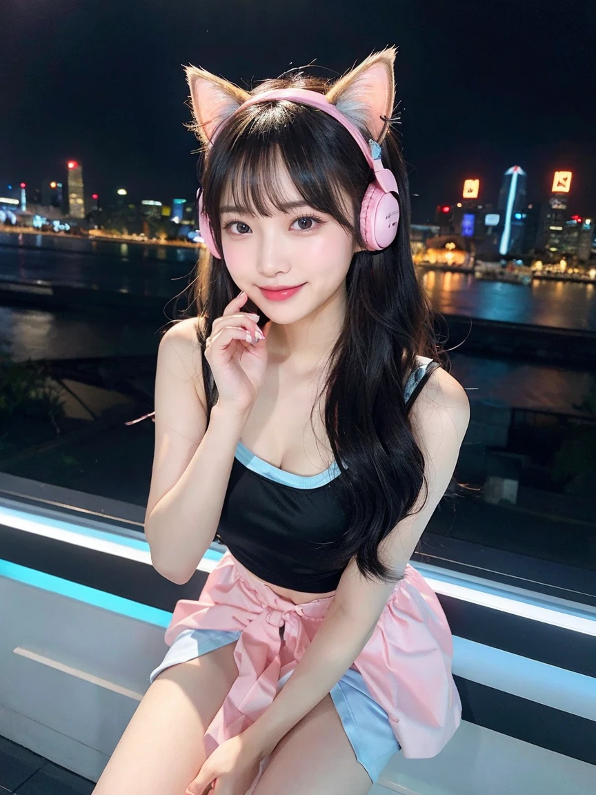 Full Body Photo、Overall、最high quality, masterpiece, 32k、Very detailed、Realistic、1 girl, Japanese women、Cute face, (photo Actual:1.3), Edge lighting, (Skin with attention to detail:1.2), 8k超High resolution, Single-lens reflex camera, high quality, High resolution, 4K, 8k, Optimal ratio of four fingers to one thumb, (Actual:1.3), smile、自然なsmile、Cheerleader Costume(Black、Light blue line design)、Cat ear headphones(Pink color neon cat ear headphones)、cute 1 girl, Realistic、Super Realistic、32k、Very detailed、masterpiece, 最high quality, beautiful girl, beauty、 Mecha, Beautiful lighting, Sitting,Cyber Neon、Future City、Skyscraper、City Night、Shanghai、Big cities、Night view、綺麗なNight view
