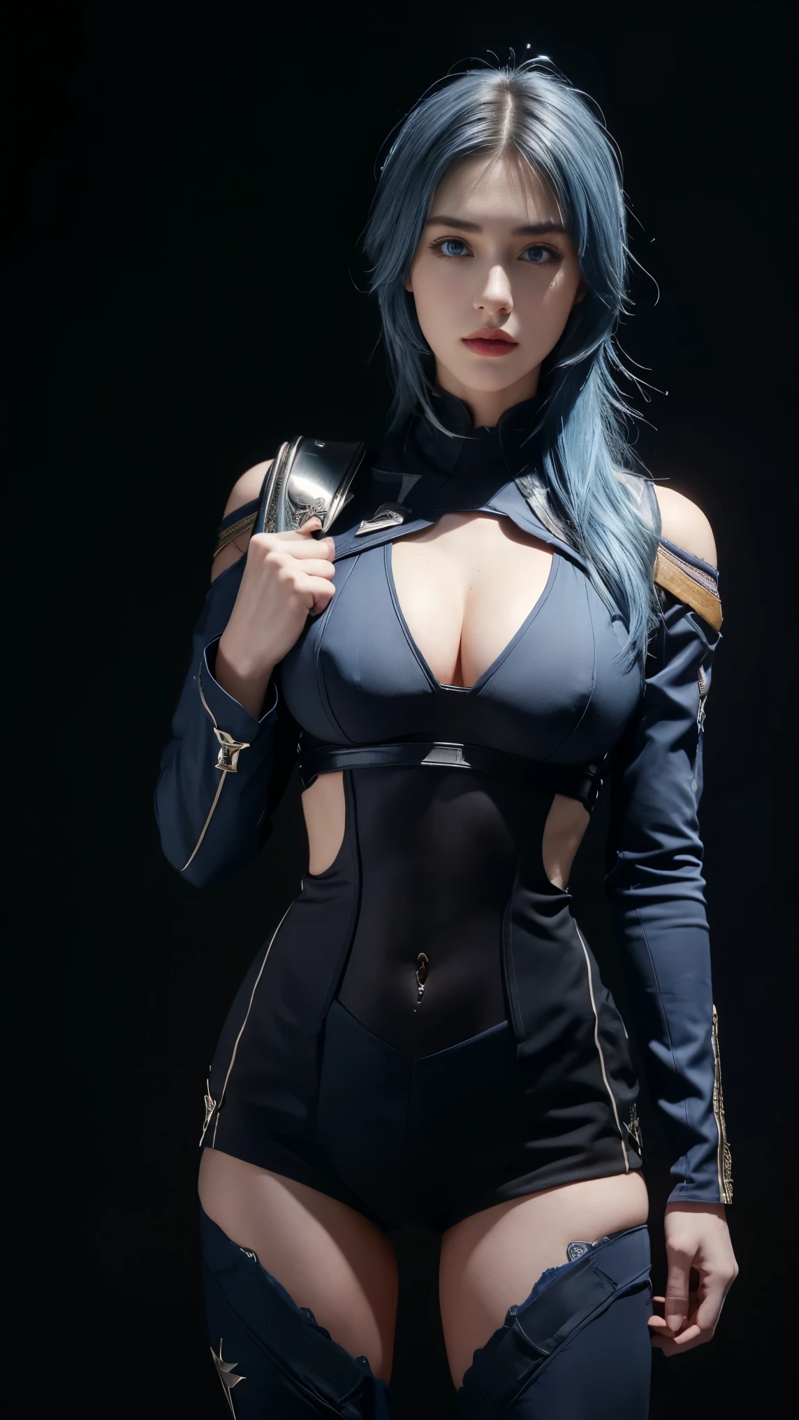8K, Top Quality, Intricate Details, Ultra Detail, Ultra High Resolution, Masterpiece, close up shot, (full body: 1.1), Slender, Smile, (Makeup: 0.4), (Fluffy Blue Eyes: 1.21), (()), 1girl, solo, 1 girl, ((blue hair, bangs)), close up shot, , ((tall)), (((fit body))), (((slim face))), sharp face, ((captain america suit,)) (detailed face), sharp face, small lips, , , , fighting pose, make a fist, make a punch,
((, )), , ((,)), detailed face, detailed breast, , ((large breast, huge breast)), detail ass, Narrow Waist, Skinny, tall , 175 cm tall, Muscular, Navel, Exposed Abdomen, Pointed Chest,, Beautiful girl with accentuated slender abs: 1.4, Six Pack Abs: 1.4, Bust Botox, Big, Perfect Body, detail leg, (( dark background)), black background,