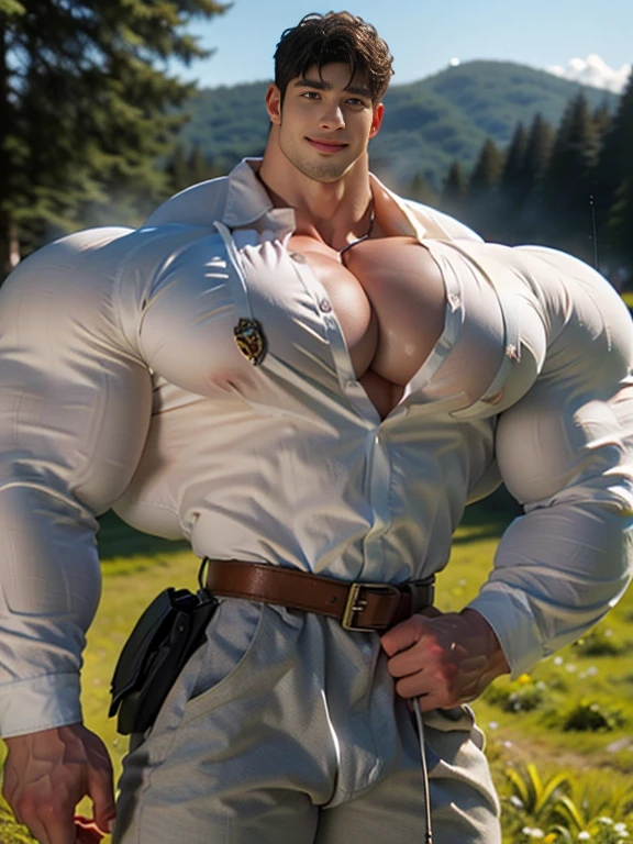 (best quality:1.5, hyperrealistic:1.5, photorealistic:1.4, madly detailed CG unity 8k wallpaper:1.5, masterpiece:1.3, enthusiastically detailed photo:1.2), (hyper-realistic lifelike texture:1.4), highly detailed, ((masterpiece, best quality)) ,extremely detailed 8K wallpaper, 1 korean male, (korean man with k-pop idol look), 20yo, handsome, detailed face, hyper muscle, stubble, wear soldier pants, prominent bulge, photo real, illuminating light, big, brutalmass, giant muscular bodybuilder, bulk, massive body, large size, smile, military tent field, outdoor