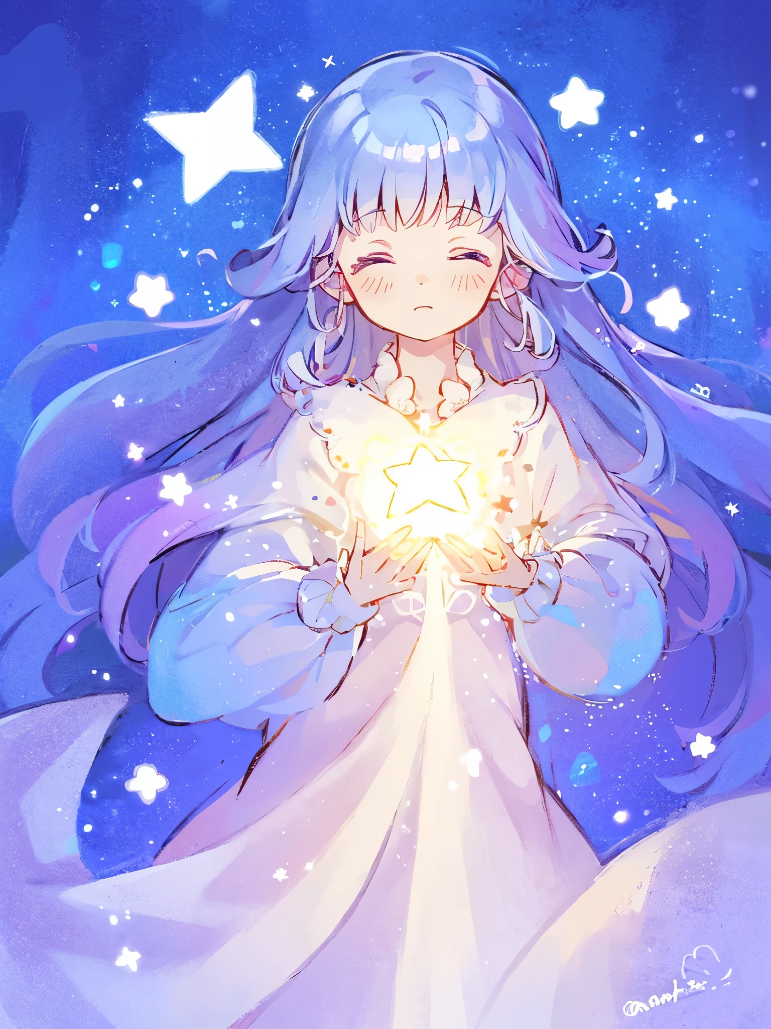 wishing star background, woman surrounded by flowing translucent fabric that reflects the stars, woman holding a glowing star in her hands, magical, complex drawing, highly detailed, ethereal, starry night, midjourney style