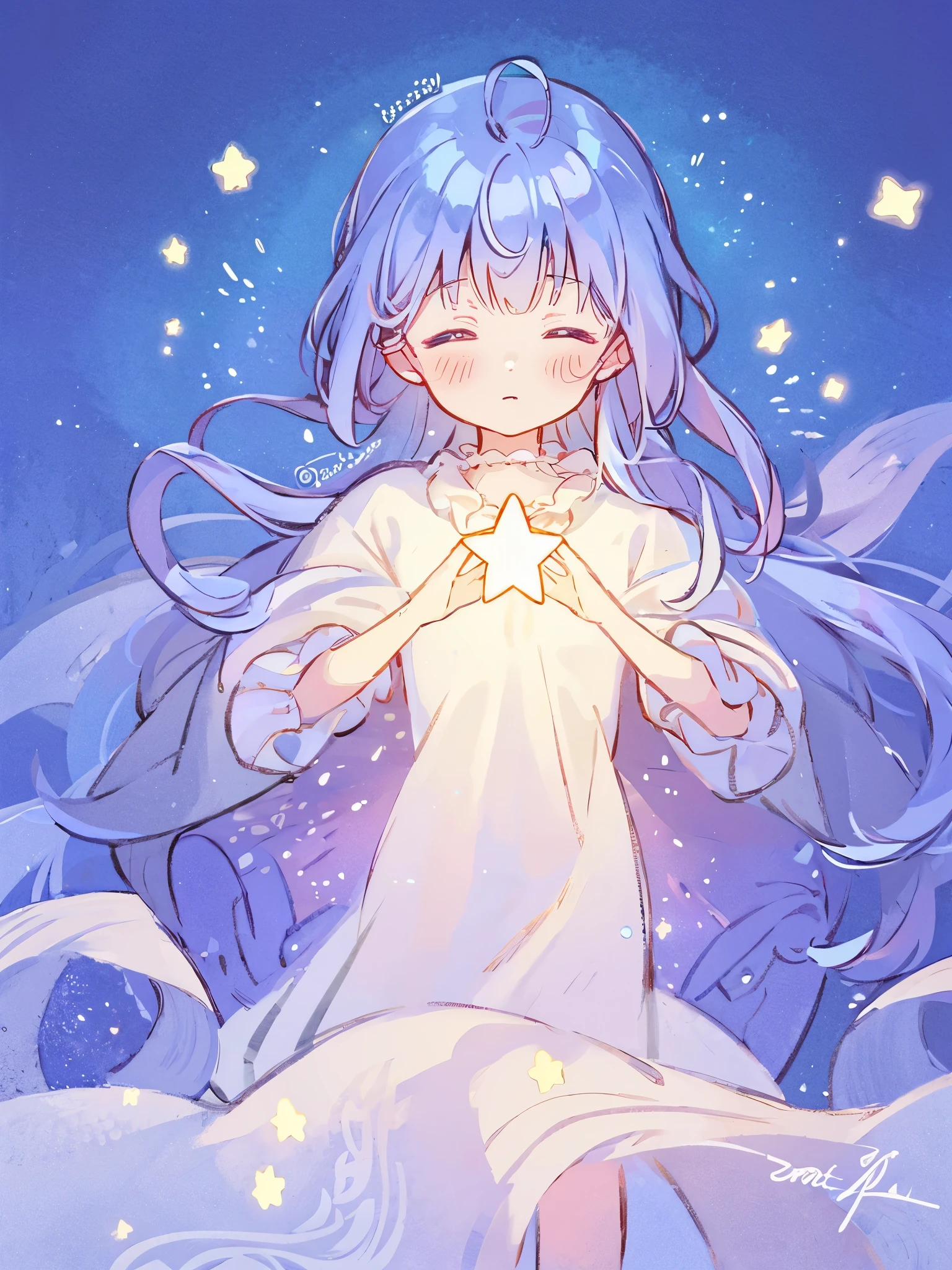 wishing star background, woman surrounded by flowing translucent fabric that reflects the stars, woman holding a glowing star in her hands, magical, complex drawing, highly detailed, ethereal, starry night, midjourney style