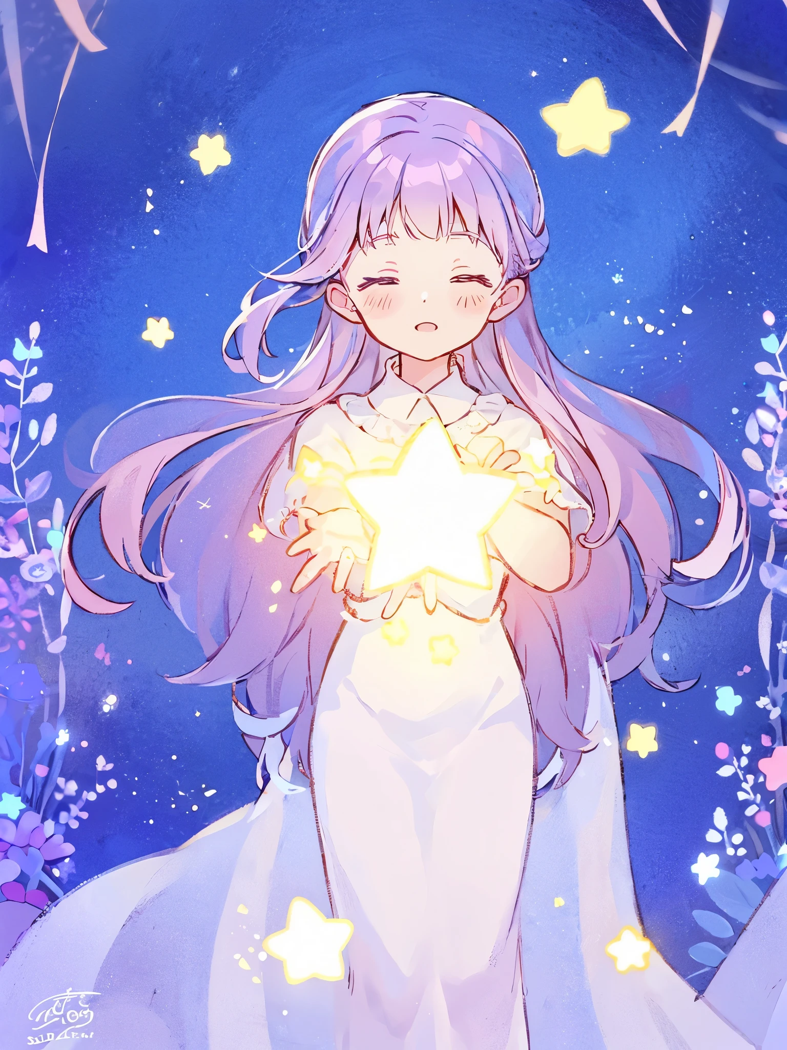 wishing star background, woman surrounded by flowing translucent fabric that reflects the stars, woman holding a glowing star in her hands, magical, complex drawing, highly detailed, ethereal, starry night, midjourney style